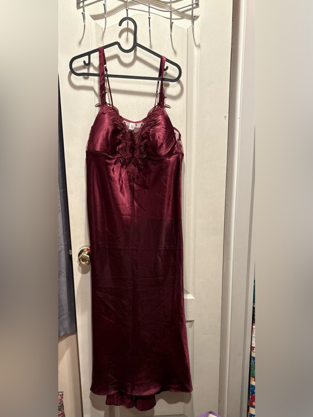 Burgundy Satin Lace-Detail Long Slip Dress
